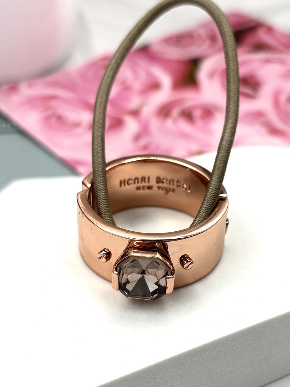 Henri Bendel Rose Gold Tone Iconic Crystals  Signed Hair Tie Pony-tail Holder
